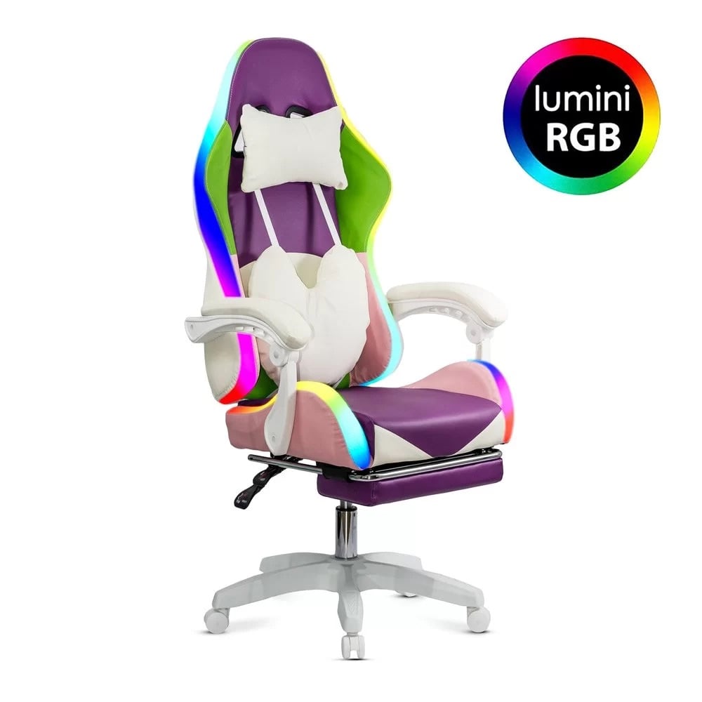Scaune de birou și gaming Office 298 culoarea mov cu roz Lumina RGB